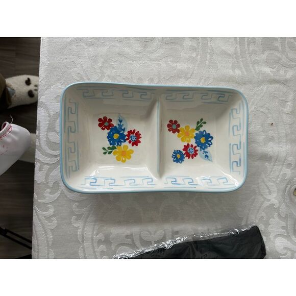 Tag Ceramic Divided Serving‎ Dish Floral Pattern Greek Key Border Blue White Red - Picture 1 of 5